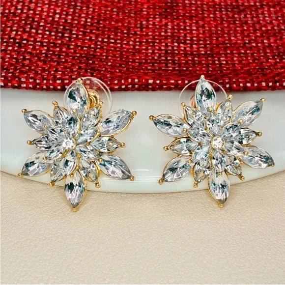 Elegant Gold Floral CZ Stud Statement Earrings - Picture 2 of 7
